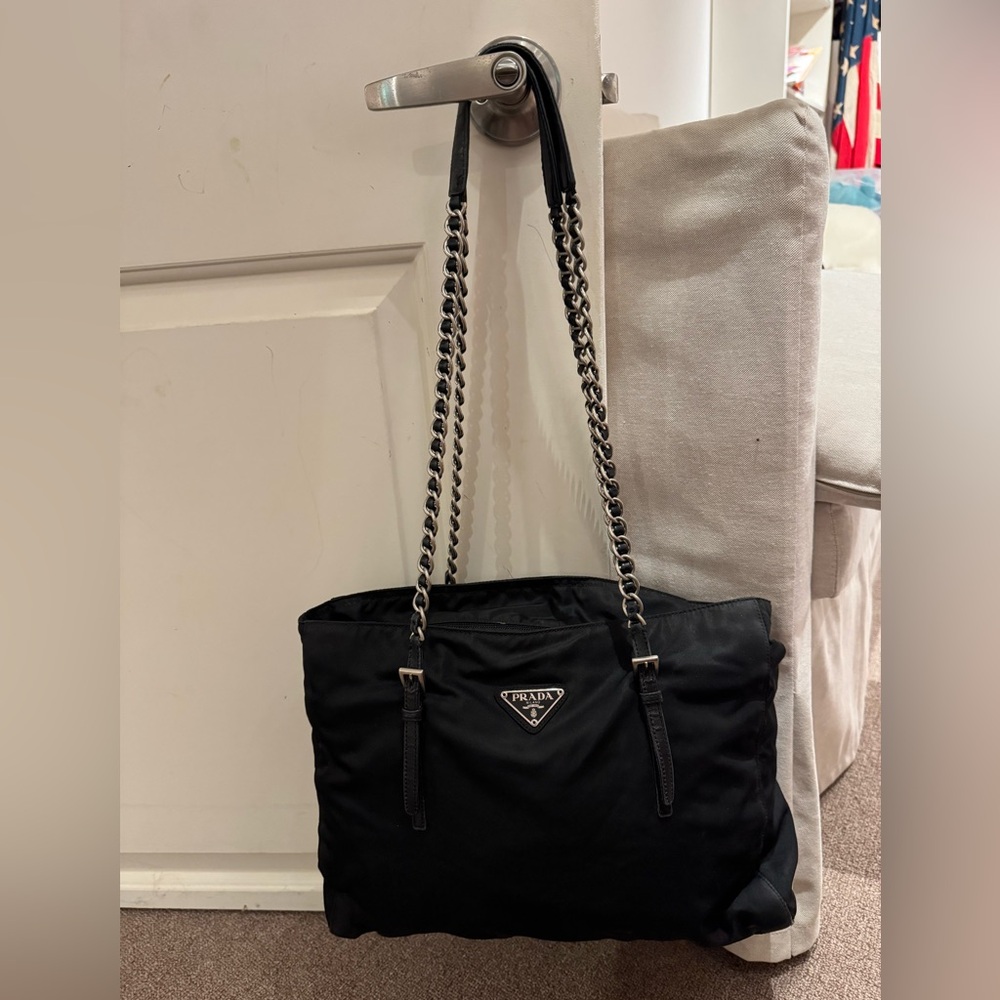 Vintage late 90s Prada Black Shoulder Bag with Leather and chain straps